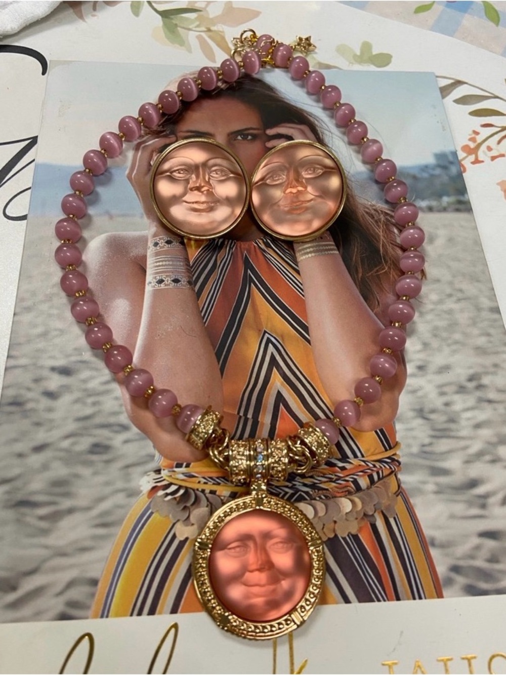 Kirks Folly Pink Beaded Necklace and Moon Face Pendant Set